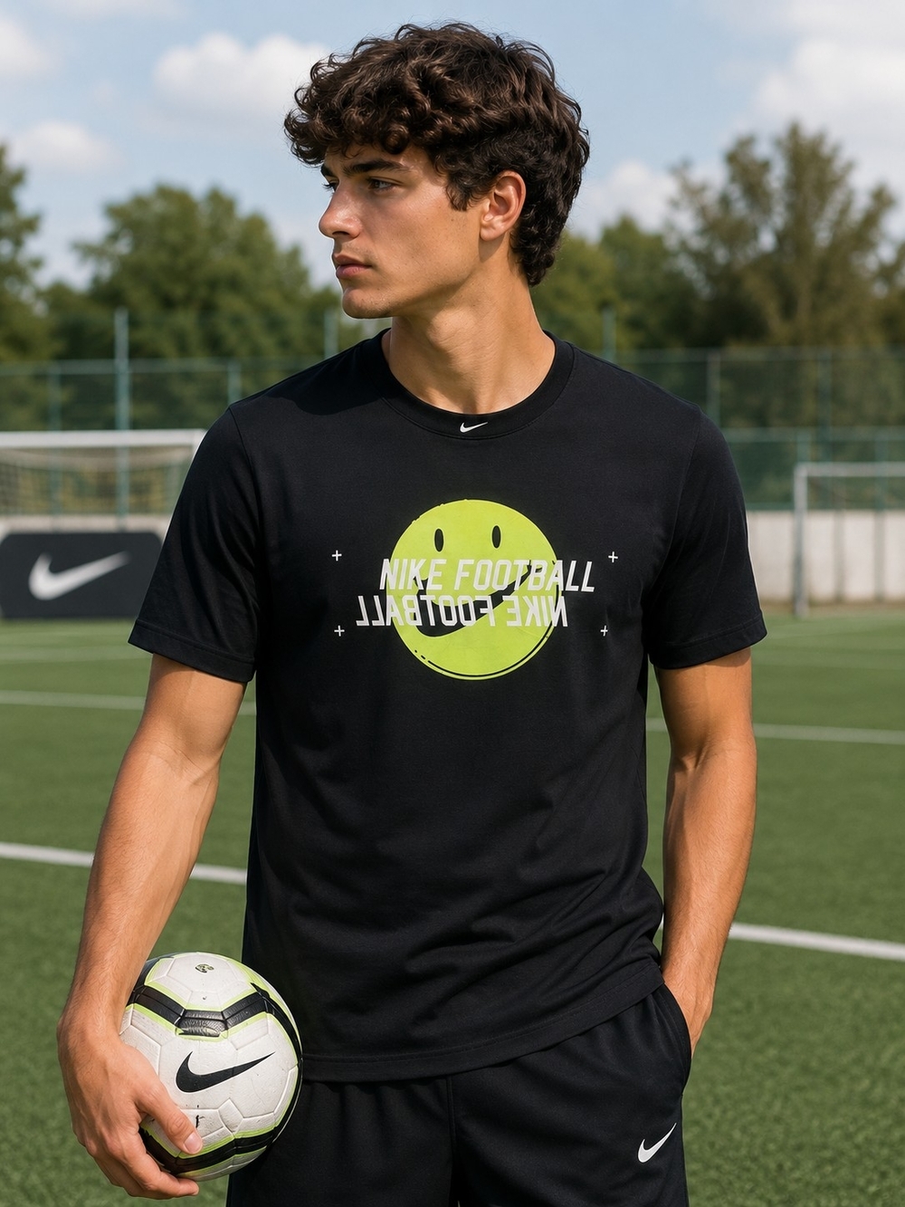Nike Black Short-Sleeve Football Tee with Neon Yellow Smiley